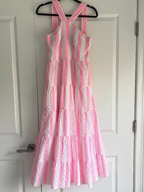 Lilly Pulitzer White & Pink Seersucker Maxi Halter Dress | Pockets Built-In Cups